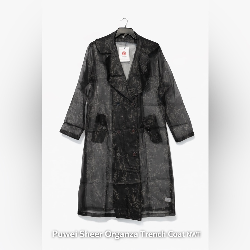 Puwei Sheer Organza Trench Coat Black Double Breasted NWT